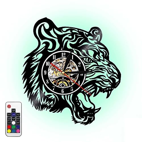YUN Clock Vinyl-wanduhr 3D Design-Uhr Wand-deko Tiger Form, Led-nachtlichtfunktion, Dekorieren Sie Ihr Zuhause Mit Dekor Vintage Kunst 30cm von YUN Clock