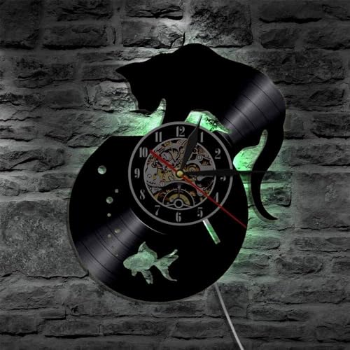 YUN Clock Wanduhr Aus Vinyl Schallplattenuhr Upcycling LED Schwarze Katze Familien Dekoration 3D Design-Uhr Wohnzimmer Schlafzimmer Restaurant Wand-Deko Schwarz : 30 cm von YUN Clock