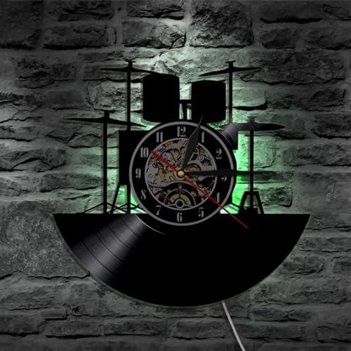 YUN Clock Wanduhr Vinyl Schallplattenuhr Familien Dekoration Musikinstrument LED 3D Drums Hängeuhr Design-Uhr Wand-Deko Uhren Vintage : 30 cm von YUN Clock