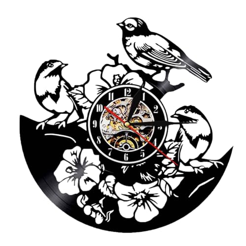 YUN Clock Wanduhr aus Vinyl Schallplattenuhr Upcycling 3D Blumen und Vögel Design-Uhr Wand-Deko Vintage Familien Zimmer Dekoration Kunst Geschenk : 30 cm von YUN Clock