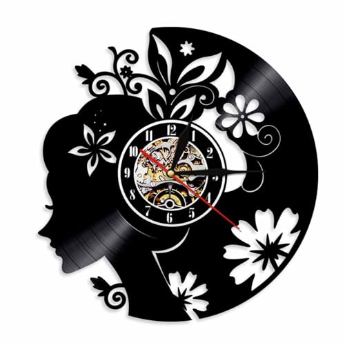 YUN Clock Wanduhr aus Vinyl Schallplattenuhr Upcycling Blumen und Mädchen Design-Uhr Wand-Deko Vintage Familien Zimmer Dekoration Kunst Geschenk Schwarz, Durchmesser 30 cm von YUN Clock