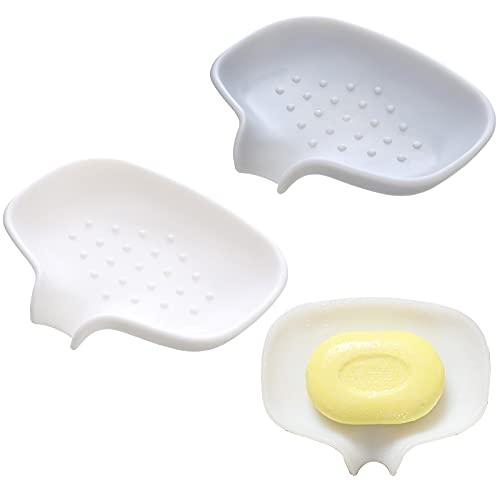 2 Stück Seifenschale Tablett YUTOU Soft Silikon Seifenschale mit Ablauf Seifenschalen mit Abtropfschale Schwammhalter Tray Wasserfall Seifenablage für Küchen Bäder(Weiß + Grau) von YUTOU