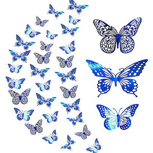 36 Stück 3D Schmetterlinge Dekorationen YUTOU 3D Schmetterling Wandtattoos Wanddeko Wandaufkleber Abziehbilder lebendige Flash Wandaufkleber für Schlafzimmer Baby Room Kinderzimmer Deko (Blau) von YUTOU