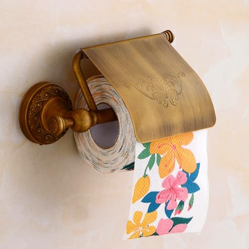 Antiker Schnitzerei-Toilettenpapierhalter mit Abdeckung, an der Wand montierter Einzelrollen-Messing-Taschentuchspender für Badezimmerdekor (Antikes Messing) von YWHWXB