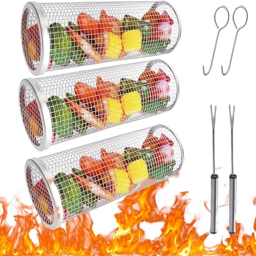 3-teiliges Grillkorb, Edelstahl-Drahtgeflecht, Zylinder-Grillkorb, Outdoor-Camping, Grillrost für Gemüse, Fleisch, Fisch, rundes Grillzubehör-Set (20 cm) von YWHWXB