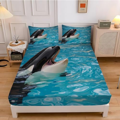 Orca Spannbettlaken 180x200cm, Blau Weiches Mikrofaser Bettlaken Spannbetttuch für Erwachsene, Bettlaken 180x200 Tiefe Tasche 30 cm mit 2 KissenbezüGen von YYZBS