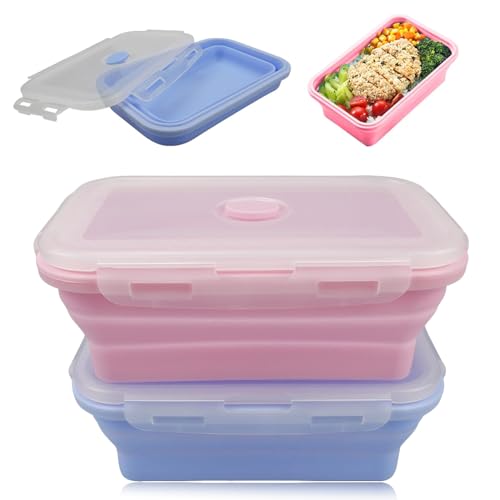 YZDZSW Faltbare Frischhalteboxen, 2 Stück Faltbare Frischhaltedosen, 800 ML Faltbare Lunchbox Silikon Zusammenklappbaren Container für Camping Picknick Büro Küche(Blau+Rosa) von YZDZSW