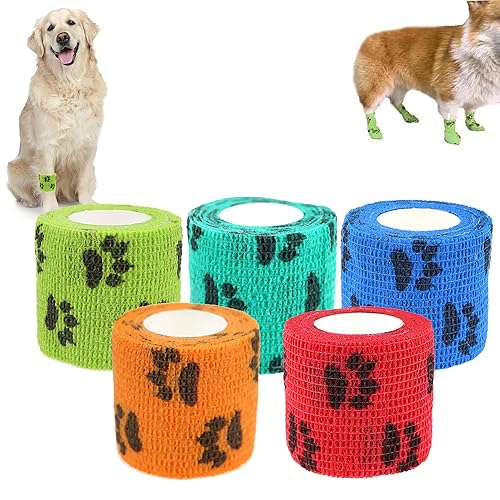 Yaepoip 3/5Pcs Bandage Shoes for Dogs, Self-Adhesive Dog Bandage Shoes, Breathable-Gauze Disposable Pet Booties for Small Medium Large Dog (5Pcs-#3,5cm* 450cm/1.9in*177in) von Yaepoip
