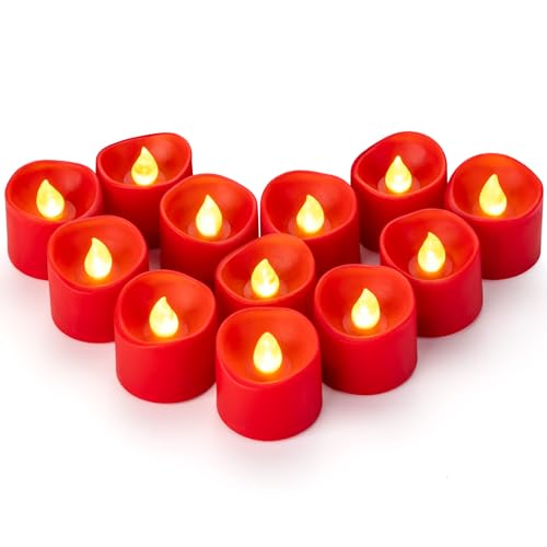 Yakpo 12 Stück flammenlose rote Teelichter, batteriebetrieben, flackernde LED-Votivkerzen, elektrisch, künstliche Kerzen, Großpackung für Weihnachten, Hochzeit, romantische Partydekorationen von Yakpo