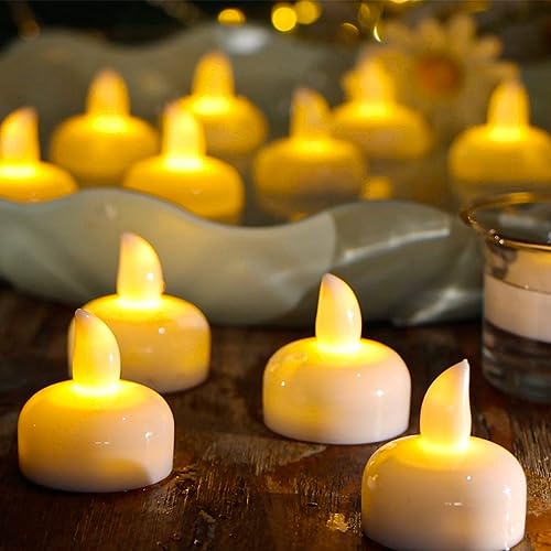 Yakpo 24 Stück flammenlose schwimmende Teelichter wasserdichte Kerzen batteriebetrieben, flackernde LED-Teelichter für den Außenbereich, Votivkerzen für Hochzeitsdekoration Vase, Teich, Spa-Dekoration von Yakpo