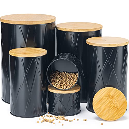 Yangbaga Vorratsdosen Set Metall 6er Aufbewahrung Set mit Bamboos Luftdicht Dekel, Küchen Vorratsbehälter für Kaffee Müsli Zucker Tee Gewürz...(Schwarz) von Yangbaga