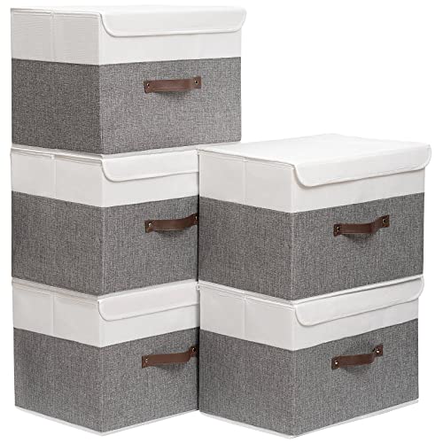 Yawinhe 5 Stück Aufbewahrungsbox mit Deckel, Faltbare Stoffboxen, Waschbare, für Schlafzimmer, Kleideraufbewahrung, 33x23x20cm, Weiß/Grau, SNK018WGS-5 von Yawinhe