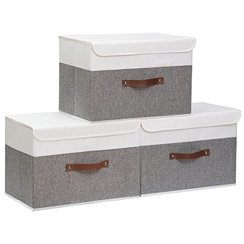 Yawinhe 3 Stück Aufbewahrungsbox mit Deckel, Faltbare Stoffboxen, Waschbare, für Schlafzimmer, Kleideraufbewahrung, 38x25x25cm, Weiß/Grau, SNK018WGL-3 von Yawinhe