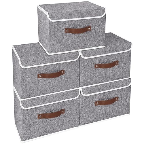 Yawinhe 5 Stück Aufbewahrungsbox mit Deckel, Faltbare Stoffboxen, Waschbare, für Schlafzimmer, Kleideraufbewahrung, 38x25x25cm, Grau, SNK018GY-5 von Yawinhe