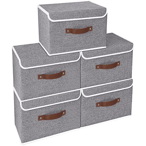 Yawinhe 5 Stück Aufbewahrungsbox mit Deckel, Faltbare Stoffboxen, Waschbare, für Schlafzimmer, Kleideraufbewahrung, 45x30x30cm, Grau, SNK018GY-L-5 von Yawinhe