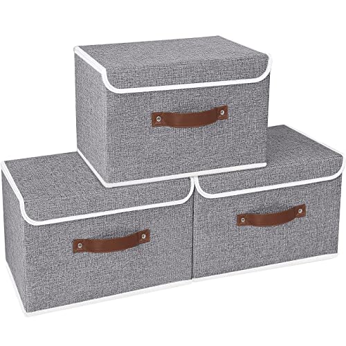 Yawinhe 3 Stück Aufbewahrungsbox mit Deckel, Faltbare Stoffboxen, Waschbare, für Schlafzimmer, Kleideraufbewahrung, 45x30x30cm, Grau, SNK018GY-L von Yawinhe