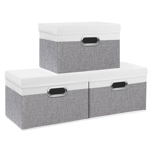 Yawinhe Aufbewahrungsboxen mit Deckel, Faltbare Aufbewahrungsbox, Stoffboxen, Waschbare, für Schlafzimmer, Kleideraufbewahrung, 38x25x25cm, Weiß/Grau, 3-Pack, SNK023WGL-3 von Yawinhe