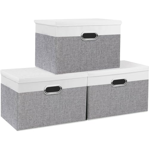 Yawinhe Aufbewahrungsboxen mit Deckel, Faltbare Aufbewahrungsbox, Stoffboxen, Waschbare, für Schlafzimmer, Kleideraufbewahrung, 45x30x30cm, Weiß/Grau, 3-Pack, SNK023WGX-3 von Yawinhe