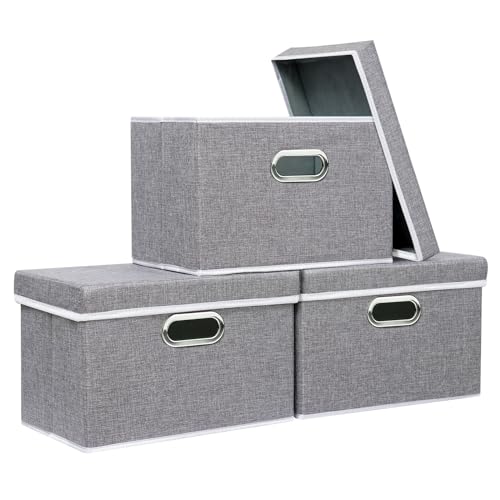 Yawinhe Aufbewahrungsboxen mit Deckel, Faltbare Aufbewahrungsbox, Stoffboxen, Waschbare, für Schlafzimmer, Kleideraufbewahrung, 38x25x25cm, Grau, 3-Pack, SNK023GL-3 von Yawinhe