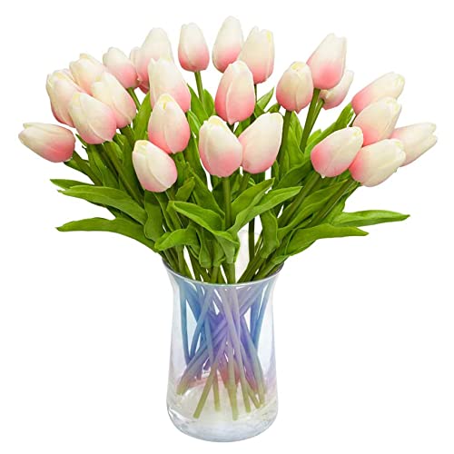 Ycagrain Künstliche Tulpen, fühlen sich echt an, PU-Tulpen, Blumenstrauß, Latex, weiße Tulpen (hellrosa), 30 Stück von Ycagrain