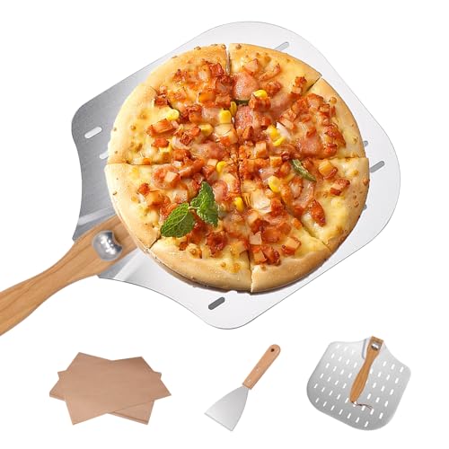 Pizzaschieber,Pizza Spachtel,Pizzaschaufel Aus Aluminium Und Eichenholz,Pizza Zubehör(1*Einklapp-Griff Pizzaschaufel+1*Dreieckspachtel+20*Backpapier Zuschnitte) Für Große Pizza von Yeelan