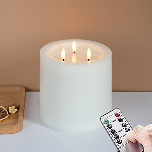 Yeelida 3-Docht 15x15cm große flammenlose LED-Kerzen mit Fernbedienung und Timer-Funktion, Weiß batteriebetriebene Säule flackernde Echtwachs-3D-Docht-Kerzen von Yeelida