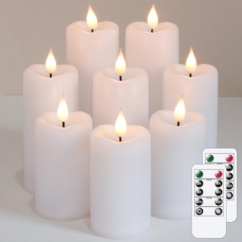 Yeelida Batterie flackernde LED-Kerzen, Packung mit 8 flammenlosen Weiß Kunststoffkerzen mit Zeitschaltuhr, die über 600 Stunden halten(5,3cmx 11, 14, 17cm) von Yeelida