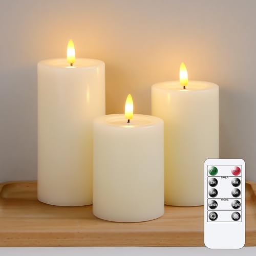 Yeelida Flammenlose LED-Kerzen mit Wachsöl-Effekt, flackernde Fernbedienung 3er Pack Elfenbein Säule Batteriebetriebener Timer Elektrische Kerzen aus echtem Wachs (7.5x10,12.5,15cm) von Yeelida