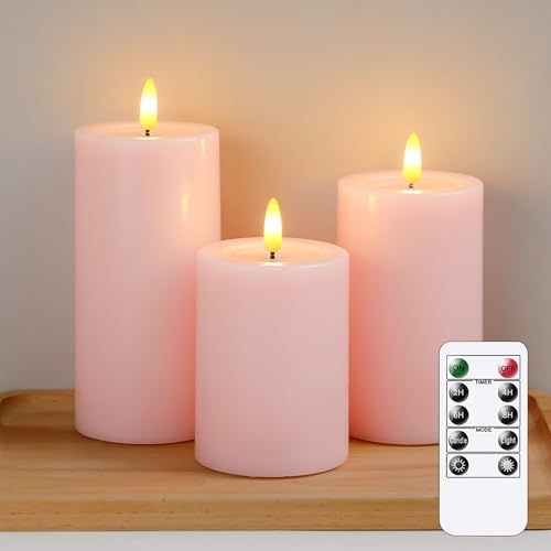 Yeelida Flammenlose LED-Kerzen mit Wachsöl-Effekt, flackernde Fernbedienung 3er Pack Rosa Säule Batteriebetriebener Timer Elektrische Kerzen aus echtem Wachs (7.5x10,12.5,15cm) von Yeelida