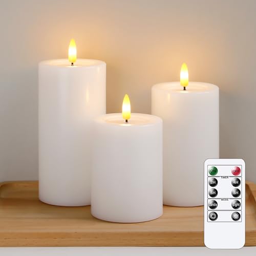 Yeelida Flammenlose LED-Kerzen mit Wachsöl-Effekt, flackernde Fernbedienung 3er Pack Weiß Säule Batteriebetriebener Timer Elektrische Kerzen aus echtem Wachs (7.5x10,12.5,15cm) von Yeelida