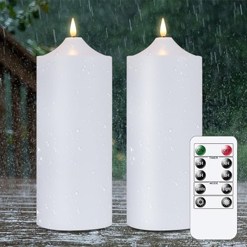Yeelida Große flackernde wasserdichte LED-Kerzen,10 x25cm flammenlose batteriebetriebene Outdoor-Fernbedienung Weiß Zeitschaltuhr Kunststoff-Kerzen, Packung mit 2 von Yeelida