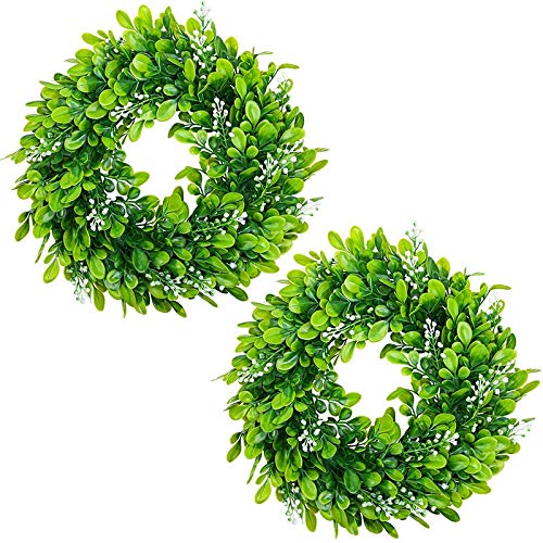 Künstlicher Buchsbaumkranz, künstliche grüne Blätter, Kranz, Haustür zum Aufhängen, 25,4 cm, 2 Stück von Yepar