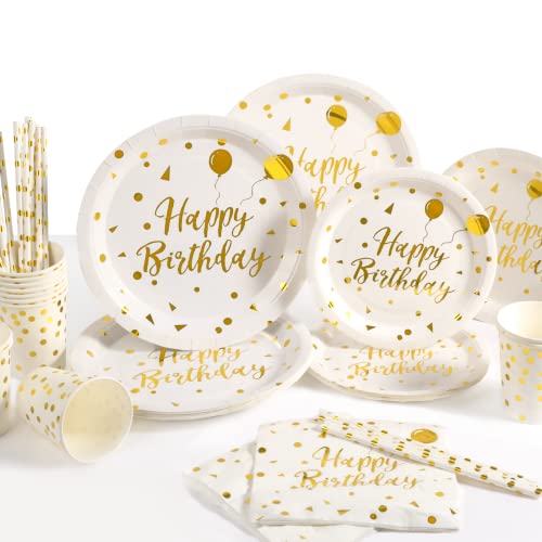 Yidaxing Geburtstag Party Teller Set, Weiß und Gold Geburtstag Party Teller Set, Happy Birthday Papier Teller Becher Servietten Papier Strohhalme für Geburtstags Party Deko, 24 Gäste von Yidaxing