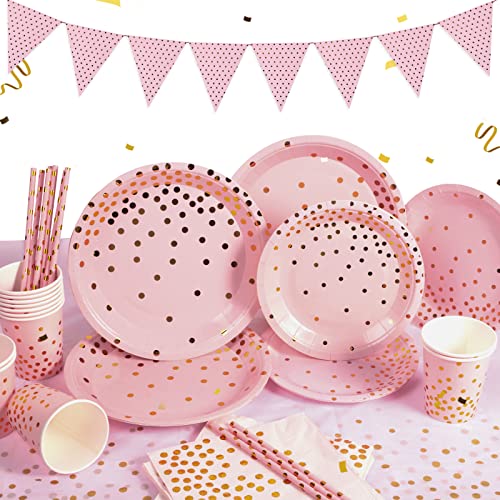 Yidaxing Pink und Gold Partygeschirr Set, 122 StüCk Rosa Gold Papier Polka Dot Geburtstagsgeschirr Partyteller Set für Bachelorette, Mädchengeburtstag, Babyparty, Severs 24 Gäste von Yidaxing