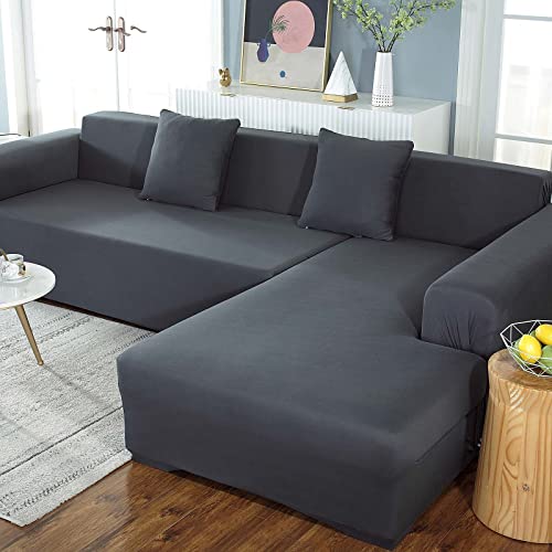 Yidaxing Sofa Überwürfe Sofabezug Elastische Stretch Sofabezüge für L-Form Sofa Abdeckung mit 2 Stücke Kissenbezug(Grau, 2 Sitzer + 2 Sitzer) von Yidaxing