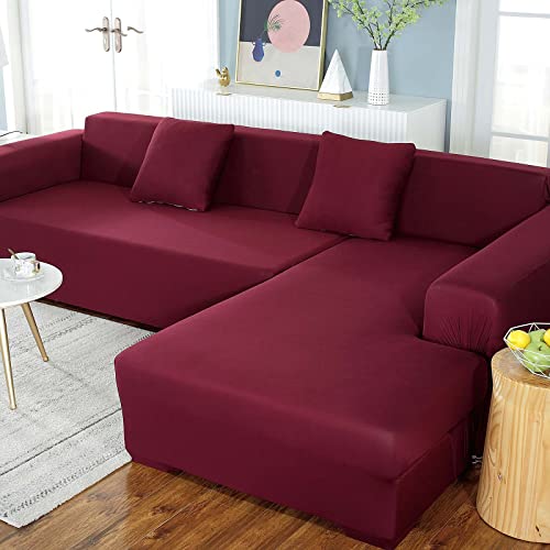 Yidaxing Sofa Überwürfe Sofabezug Elastische Stretch Sofabezüge für L-Form Sofa Abdeckung mit 2 Stücke Kissenbezug (Rot, 2 Sitzer + 2 Sitzer) von Yidaxing