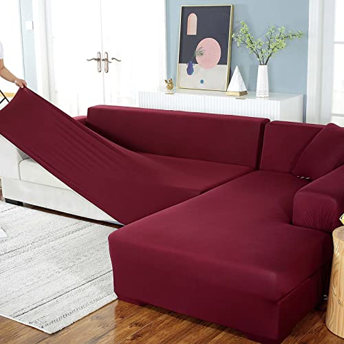 Yidaxing Sofa Überwürfe Sofabezug Elastische Stretch Sofabezüge für L-Form Sofa Abdeckung mit 2 Stücke Kissenbezug (Rot, 3 Sitzer + 3 Sitzer) von Yidaxing