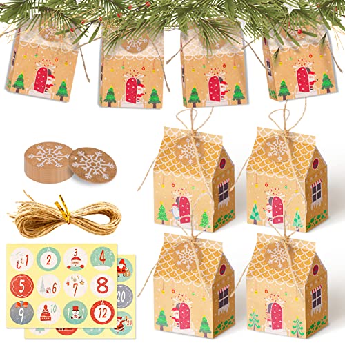 Weihnachten Geschenkbox, 24Pcs Weihnachts Kraftpapier Süßigkeitskästen mit 24 Weihnachtsaufklebern, Weihnachten Party Geschenkboxen, Adventskalender zum Befüllen für Weihnachten Party Geschenk Deko von Yisscen