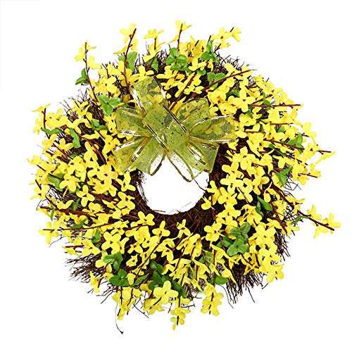 Künstlicher Forsythien-Kranz, 39,9 cm, Künstlicher Winterkranz mit Grünen Blättern, Gelbe Seidenblumen mit Weinrebenringen für Feierlichkeiten, Haustür, Wand, Fenster, Dekoration Zum(#1) von Yitekrg