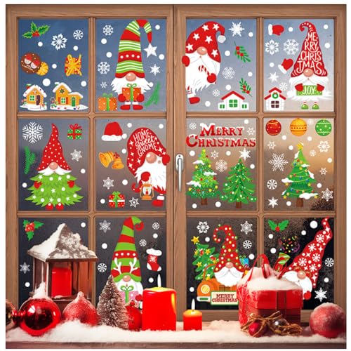 136 Stück Weihnachten Fenstersticker, Weihnachten Fensterbilder, Doppelseitige Wiederverwendbare Statisch Haftende PVC Aufkleber für Weihnachten Dekoration (9 Blatt,20x30cm) von Ylinwtech