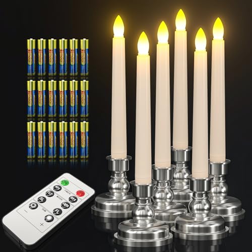 Ymenow LED Stabkerzen mit Timerfunktion, 6 Stück LED Kerzen Flackernde Flamme mit Fernbedienung Silber Kerzenhalter Batterie für Silvester Party Deko 2024 Fensterdeko Tischdeko Weihnachten Wohnzimmer von Ymenow