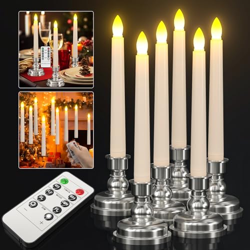 Ymenow Silber Kerzenständer LED Stabkerzen mit Timerfunktion, LED Kerzen Flackernde Flamme mit Fernbedienung für Fensterdeko Tischdeko Weihnachten Silvester Party Deko 2024 Wohnzimmer, 6 Stück von Ymenow