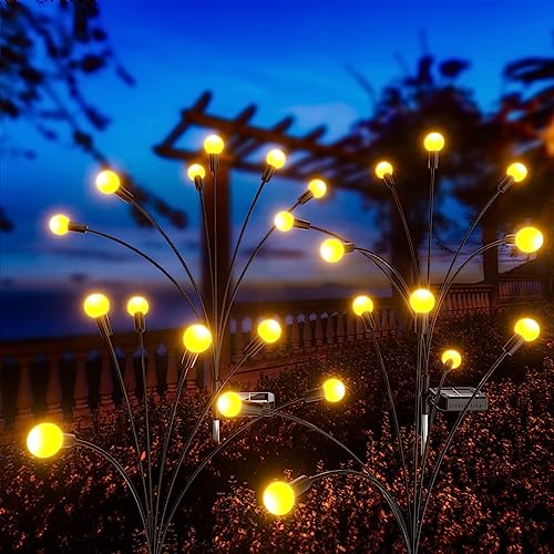 Ymenow Solar LED Glühwürmchen Leuchte, 4 Stück 6-in-1 Solarbetriebene Glühwürmchen Gartenlichter Steckleuchte Starburst Schwankende Solarlampen, 2 Modi, IP65 Wasserdicht für Wege Deko - Warmweiß von Ymenow