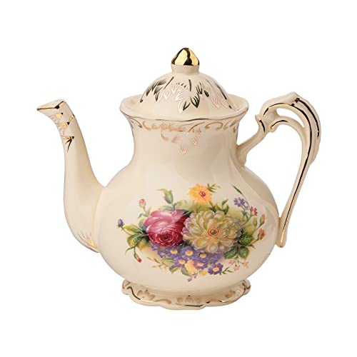 YOLIFE Vintage elfenbeinfarbenes Porzellan Teekanne aus, 800 ml, Keramik Teekanne mit goldfarbenem Blätterrand von Yolife