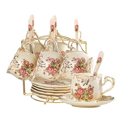 Yolife 6 Stück Teetassen & Untertassen Set, Zahnpasta Rose, 250ml Teetassen, Porzellan, für Tee-Kaffee, Teetassen Set mit Ständer von Yolife