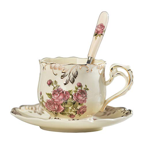 YOLIFE Englisches Vintage-Tassen- und Untertassen-Set, Teetasse und Untertassen-Set aus Keramik, rosa, mit Blattgoldrand, Porzellan, Kaffeetasse, 220 ml von Yolife