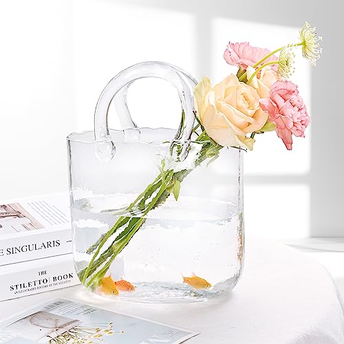 Yorkmills Glasvase für Blumen, transparente Vase für Tafelaufsätze, Handtaschen-Vase, große Glasvase für Blumen, Tischaufsätze für Esszimmer, kleine Glas-Fischschale, Blumenvase, moderne von Yorkmills