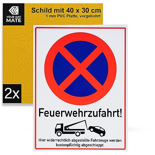 Hinweisschild "Feuerwehrzufahrt!", 2 Stück, 40 x 30 cm, 1 mm starkes PVC Schild mit Bohrlöchern, Einfahrt- und Ausfahrt Schild für Innen- und Außenbereich, Halteverbot Schild, Parken verboten Sign von Your Day Mate