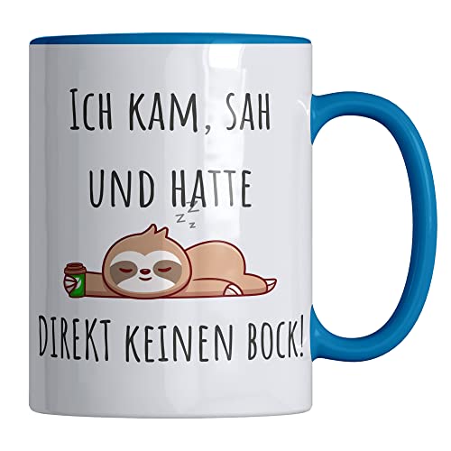 Your Gravur - Kaffee Tasse mit Spruch - ICH KAM, SAH UND HATTE DIREKT KEINEN BOCK! - Lustige Tassen - Faultier Tasse in verschiedenen Farben - Anti Stress Tasse als Geschenkidee - Blau von Your Gravur