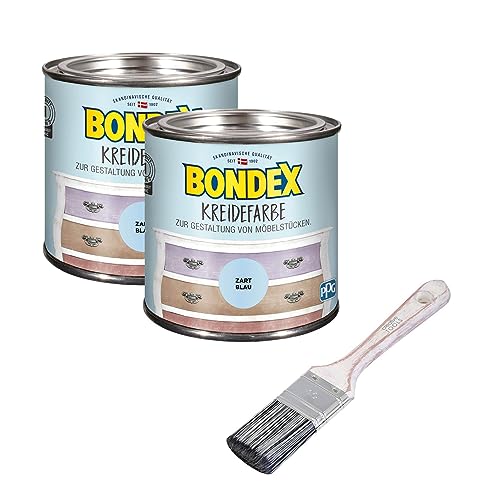 Bondex 2er-Set Kreidefarbe 0,5 L Zart Blau mit Flachpinsel | Möbelfarbe für den Innenbereich | Leichte Verarbeitung für kreative DIY-Priojekte | Vintage-Look | Shabby-Chic von Yoursol